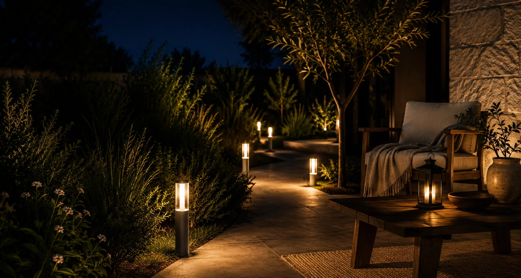 Warm outdoor ambient lighting for modern patio and garden evening spaces