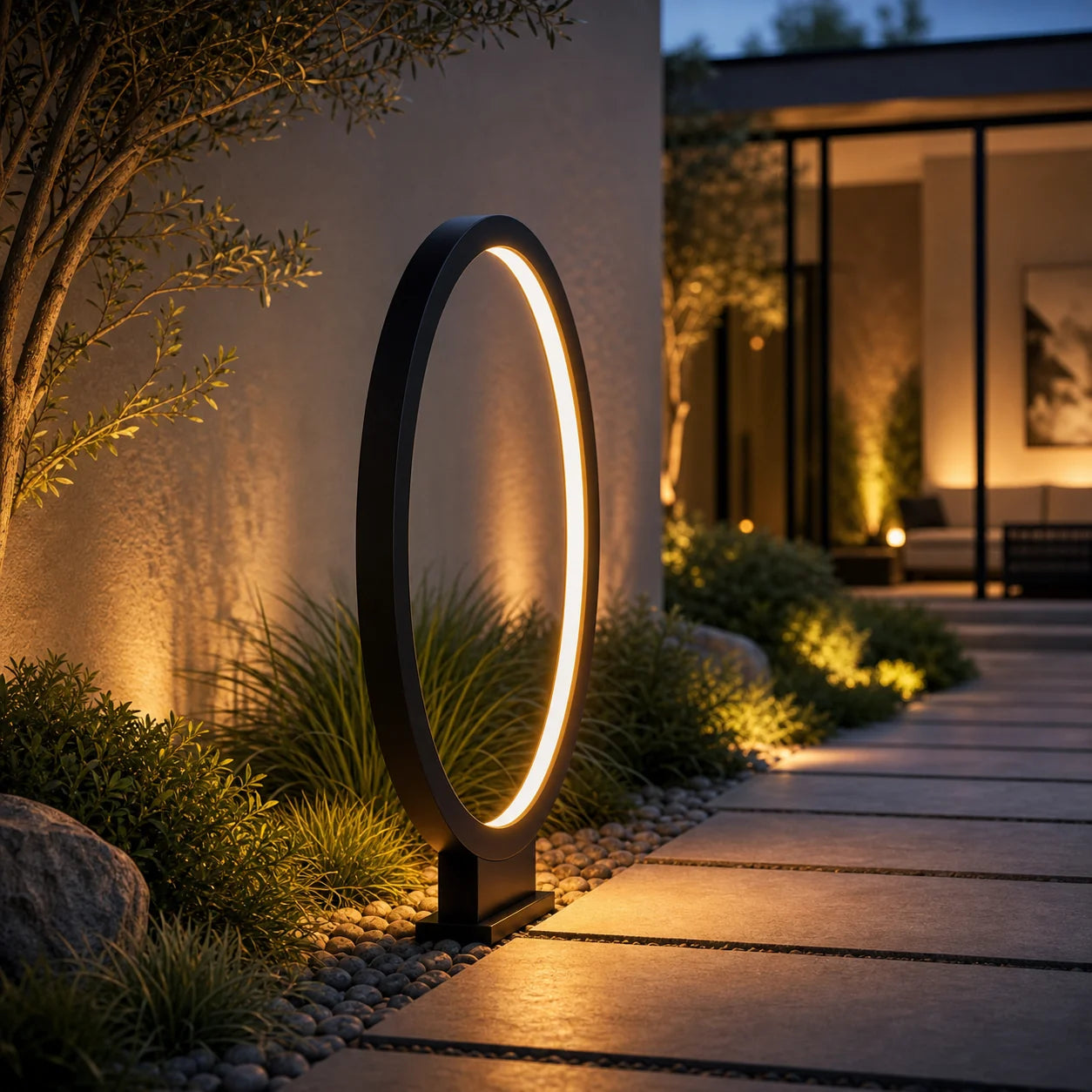 Modern Halo Outdoor Path Light 24 Inch beside a modern patio garden