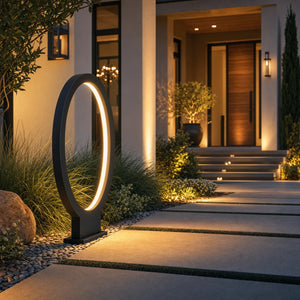 Modern Halo Outdoor Path Light 32 Inch near a modern villa entrance