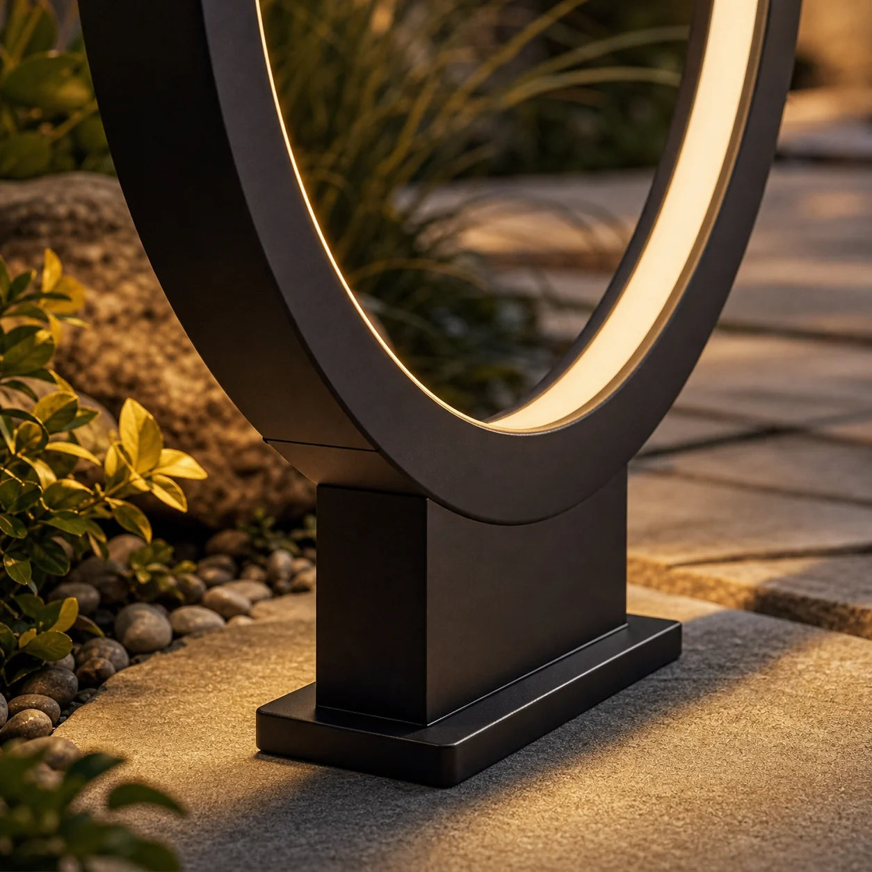 Close-up detail of the Modern Halo Outdoor Path Light warm LED ring