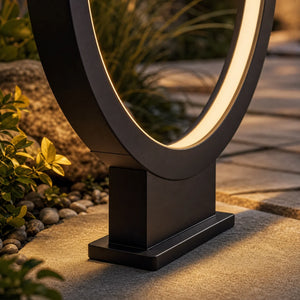 Close-up detail of the Modern Halo Outdoor Path Light warm LED ring