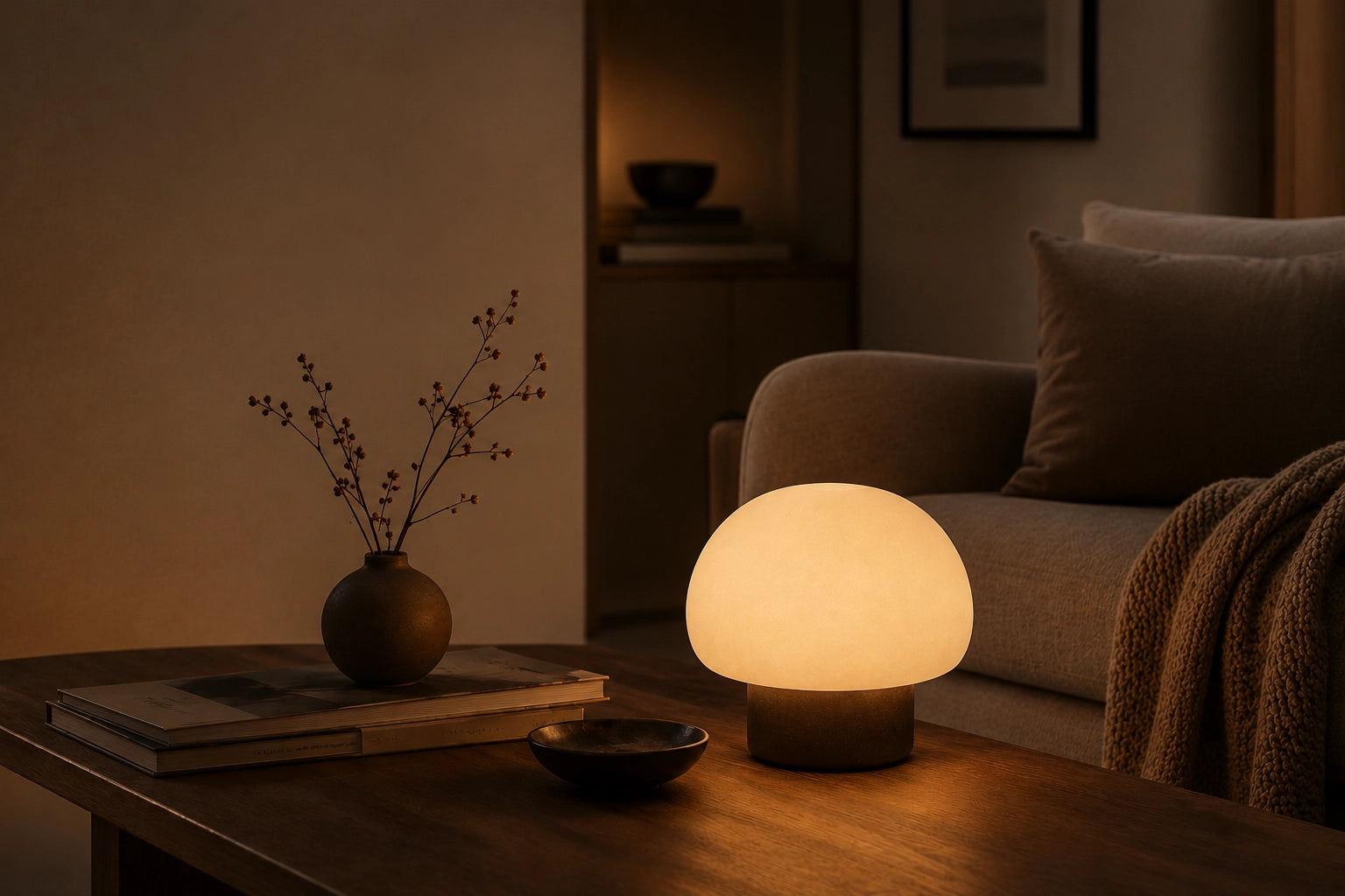 Warm ambient lighting in a cozy slow evening living room setting